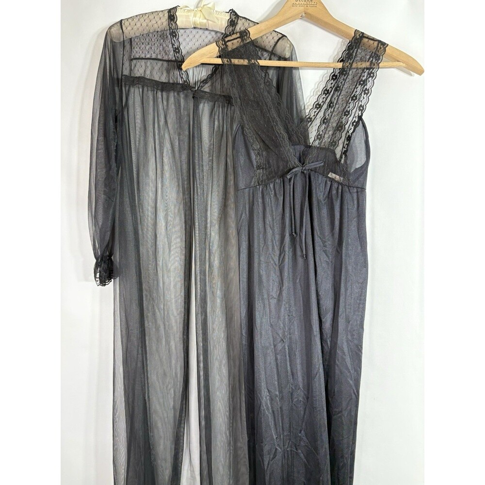 2PC SET GILEAD INTIMATES Woman’s S Peignoir Lace BLACK Robe & Gown USA Vintage